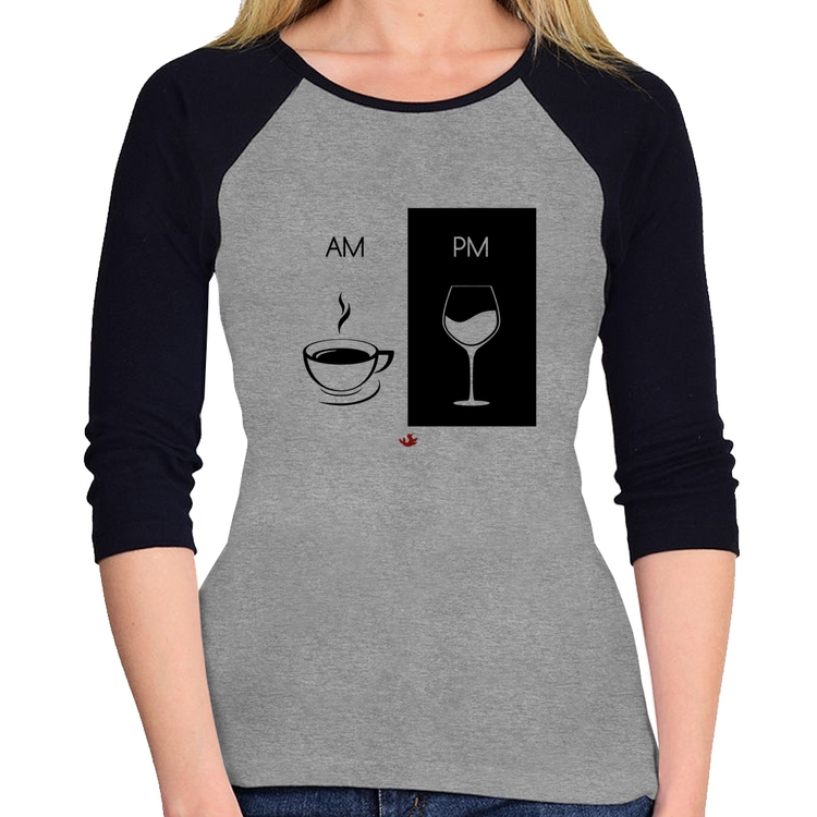 Baby Look Raglan AM Café PM Vinho Manga 3/4 - Cinza/Preto