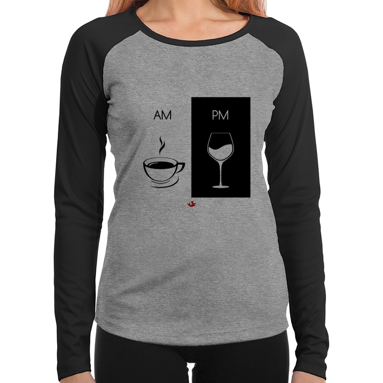 Baby Look Raglan AM Café PM Vinho Manga Longa - Cinza/Preto