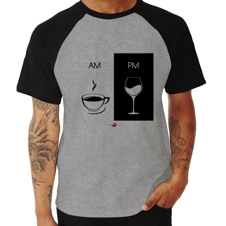 Camiseta Raglan AM Café PM Vinho - Cinza/Preto