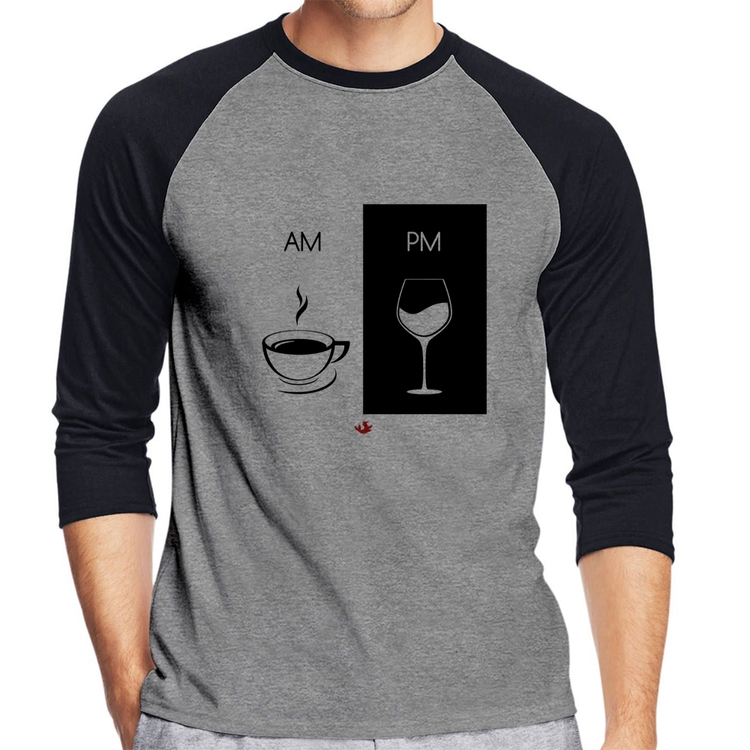 Camiseta Raglan AM Café PM Vinho Manga 3/4 - Cinza/Preto