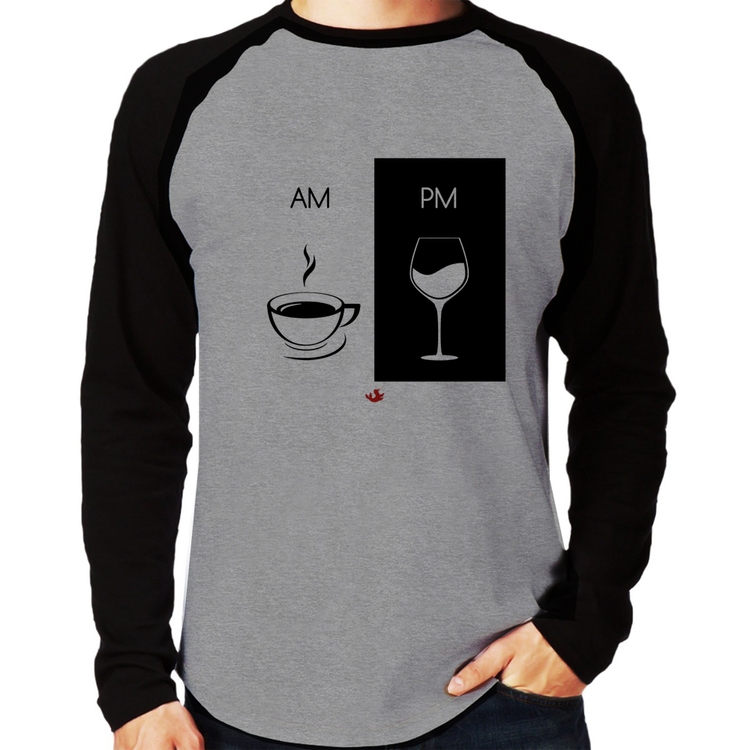 Camiseta Raglan AM Café PM Vinho Manga Longa - Cinza/Preto