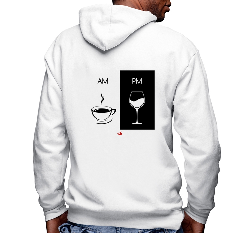 Blusa Moletom AM Café PM Vinho Masculina com Capuz e Zíper - Branca