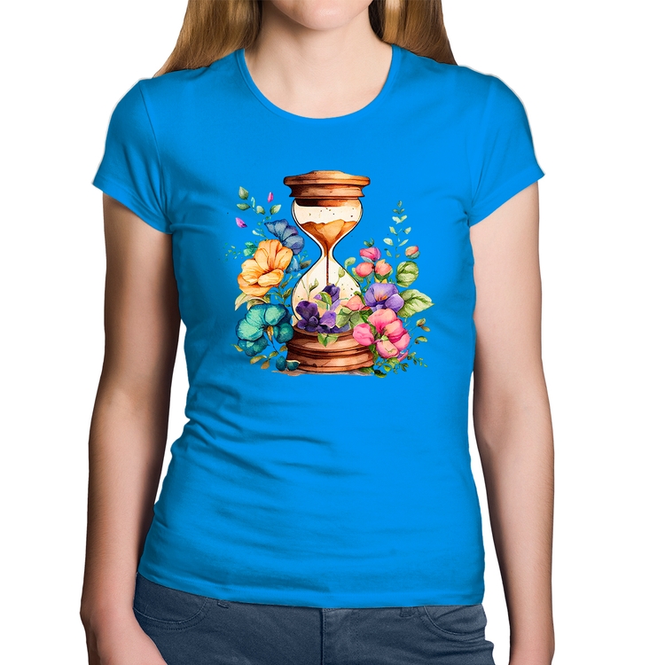 Baby Look Algodão Ampulheta Floral - Azul