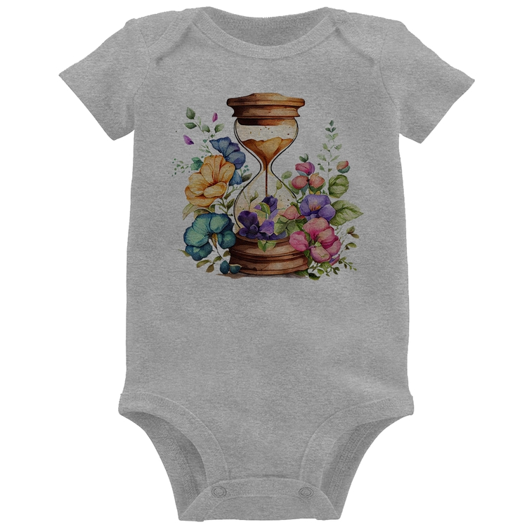 Body Bebê Ampulheta Floral - Cinza