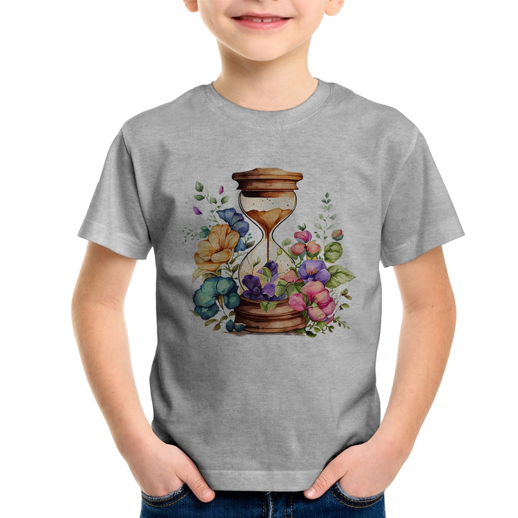 Camiseta Infantil Ampulheta Floral - Cinza