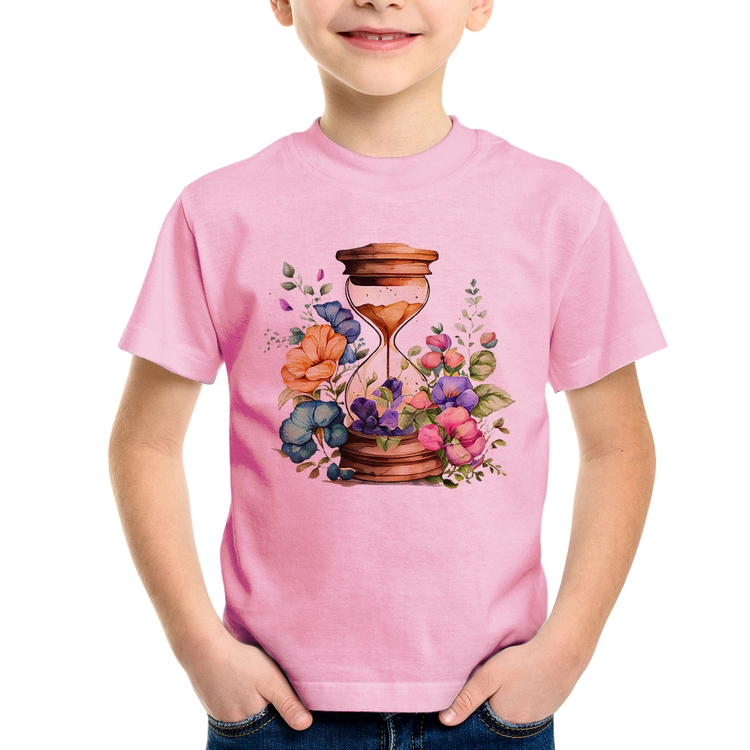 Camiseta Infantil Ampulheta Floral - Rosa Bebê