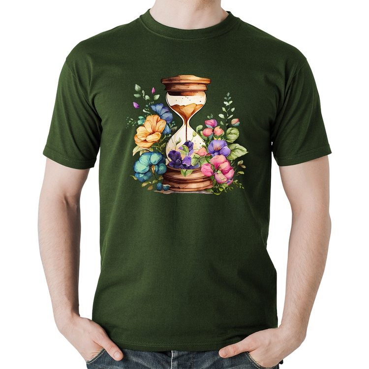 Camiseta Algodão Ampulheta Floral - Musgo