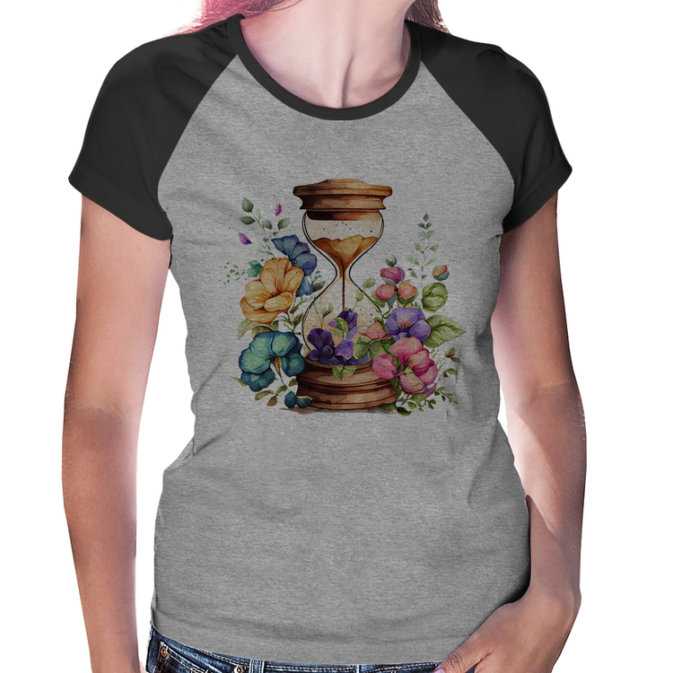 Baby Look Raglan Ampulheta Floral - Cinza/Preto