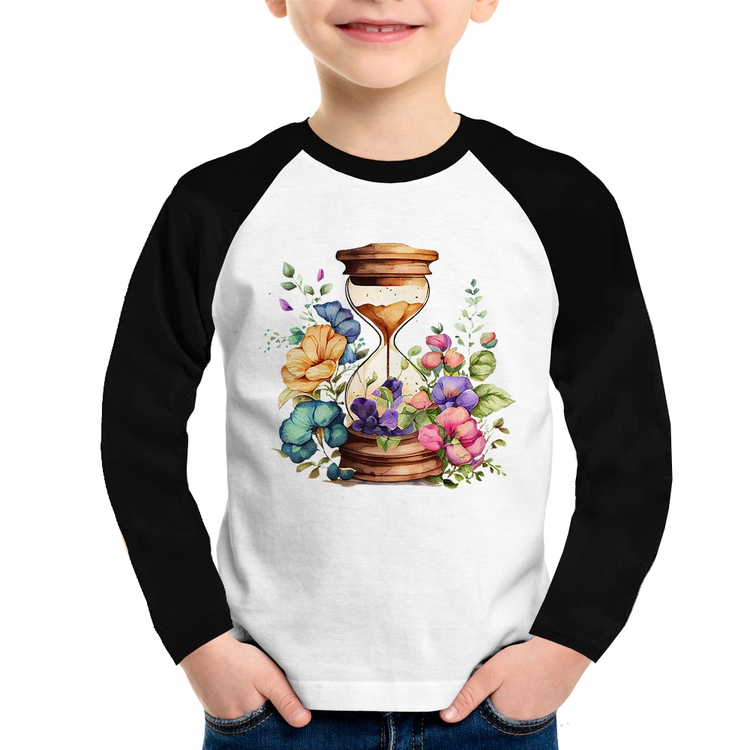 Camiseta Raglan Infantil Ampulheta Floral Manga Longa