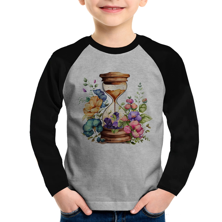 Camiseta Raglan Infantil Ampulheta Floral Manga Longa - Cinza/Preto