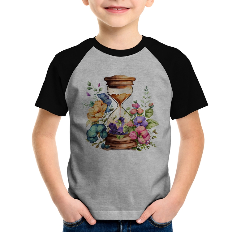 Camiseta Raglan Infantil Ampulheta Floral - Cinza/Preto
