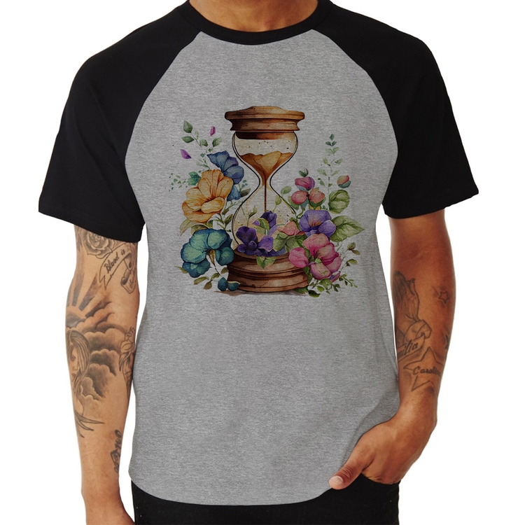 Camiseta Raglan Ampulheta Floral - Cinza/Preto