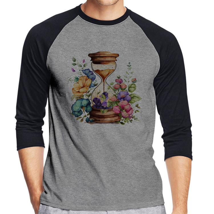 Camiseta Raglan Ampulheta Floral Manga 3/4 - Cinza/Preto