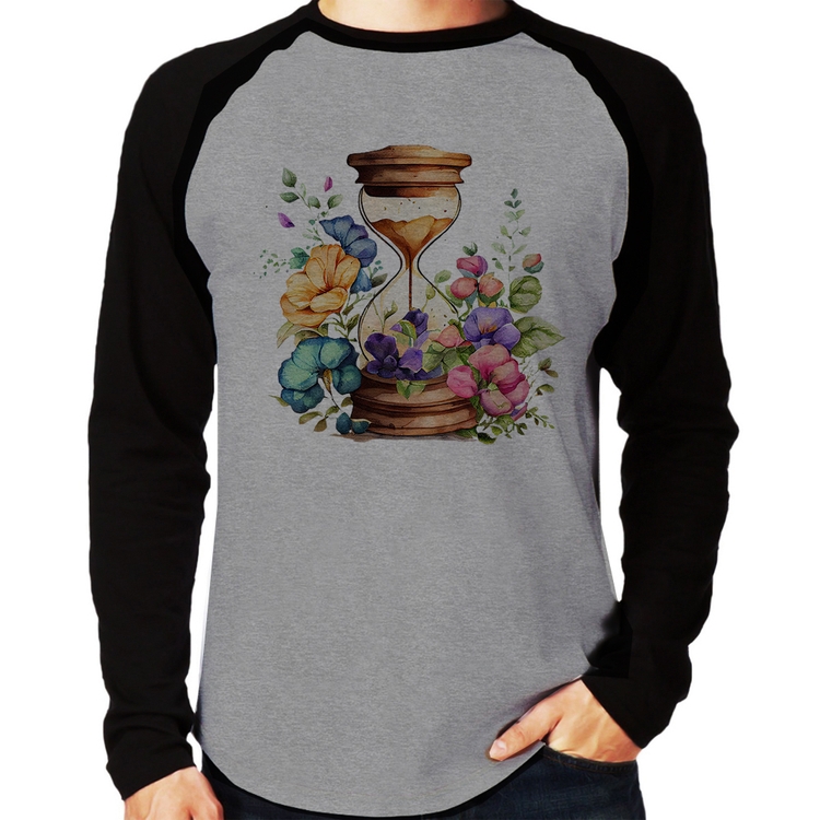 Camiseta Raglan Ampulheta Floral Manga Longa - Cinza/Preto