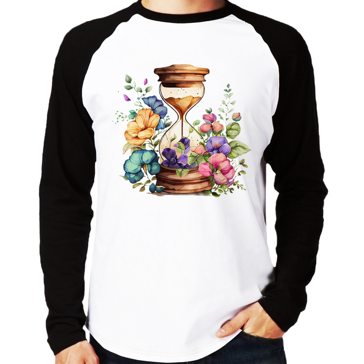 Camiseta Raglan Ampulheta Floral Manga Longa