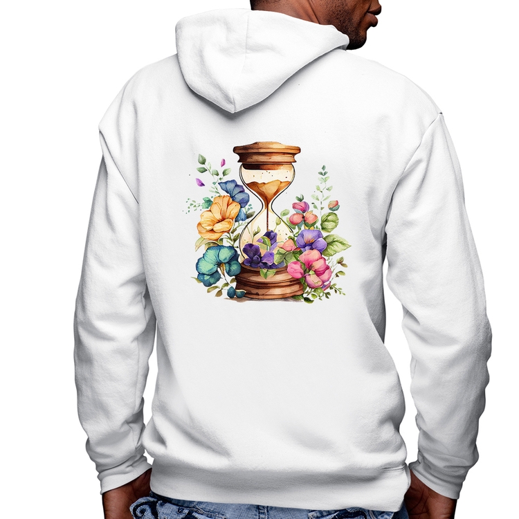 Blusa Moletom Ampulheta Floral Masculina com Capuz e Zíper - Branca