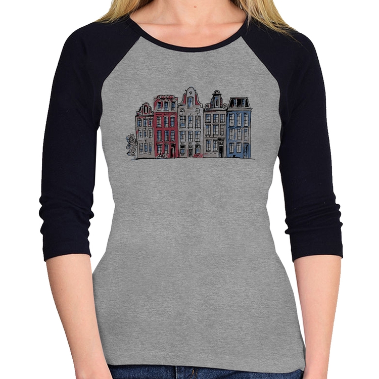 Baby Look Raglan Amsterdam Manga 3/4 - Cinza/Preto