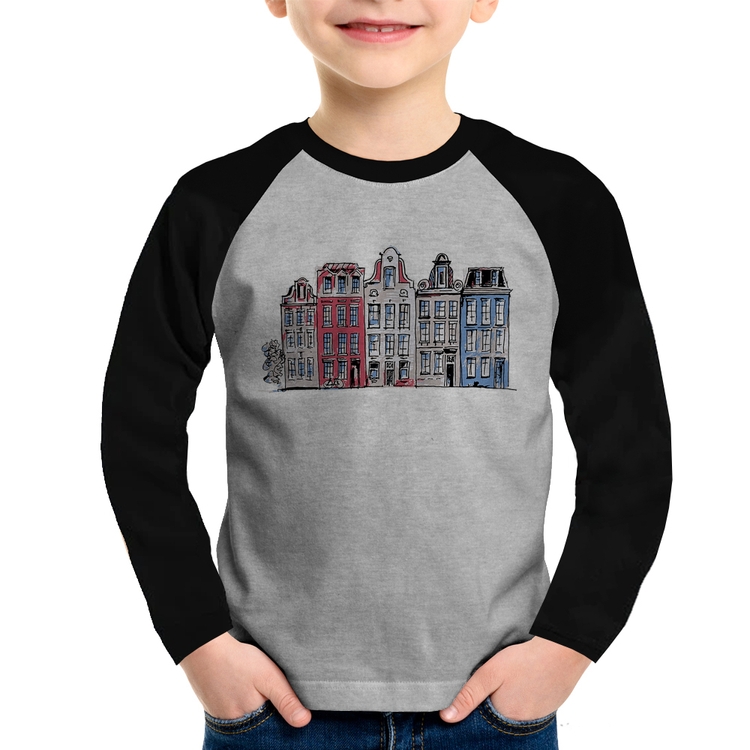 Camiseta Raglan Infantil Amsterdam Manga Longa - Cinza/Preto