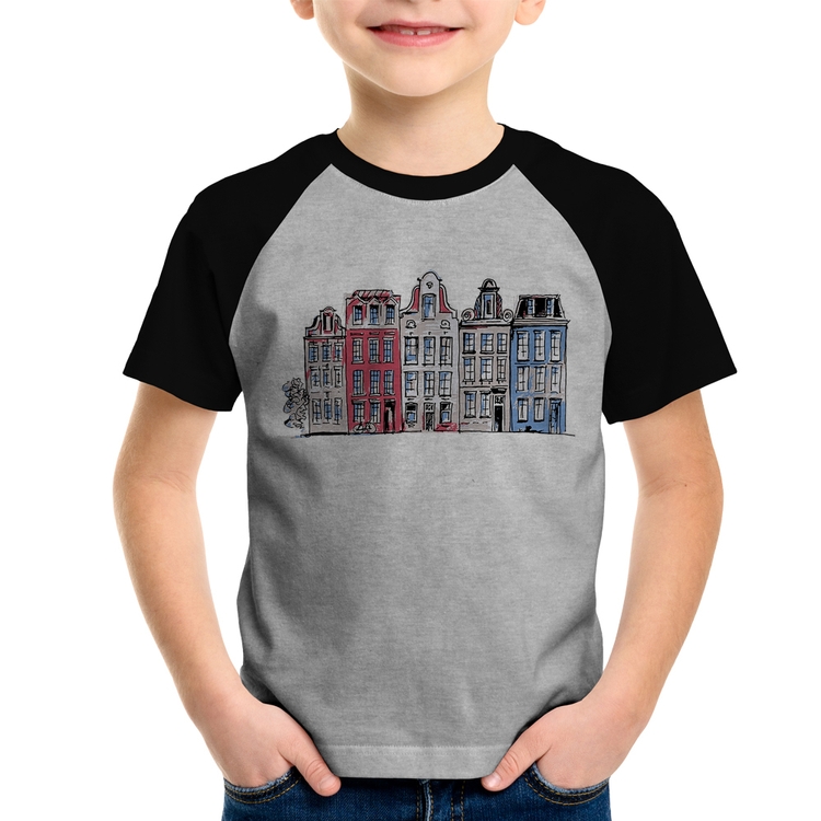 Camiseta Raglan Infantil Amsterdam - Cinza/Preto