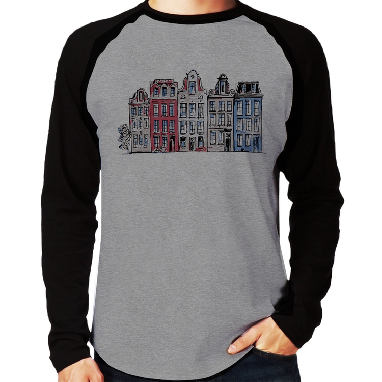 Camiseta Raglan Amsterdam Manga Longa - Cinza/Preto