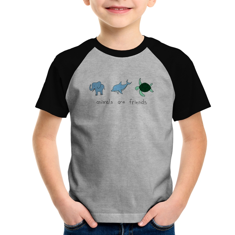 Camiseta Raglan Infantil Animals are friends - Cinza/Preto