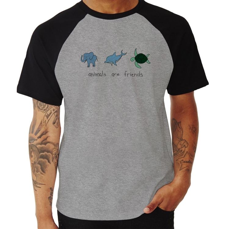 Camiseta Raglan Animals are friends - Cinza/Preto