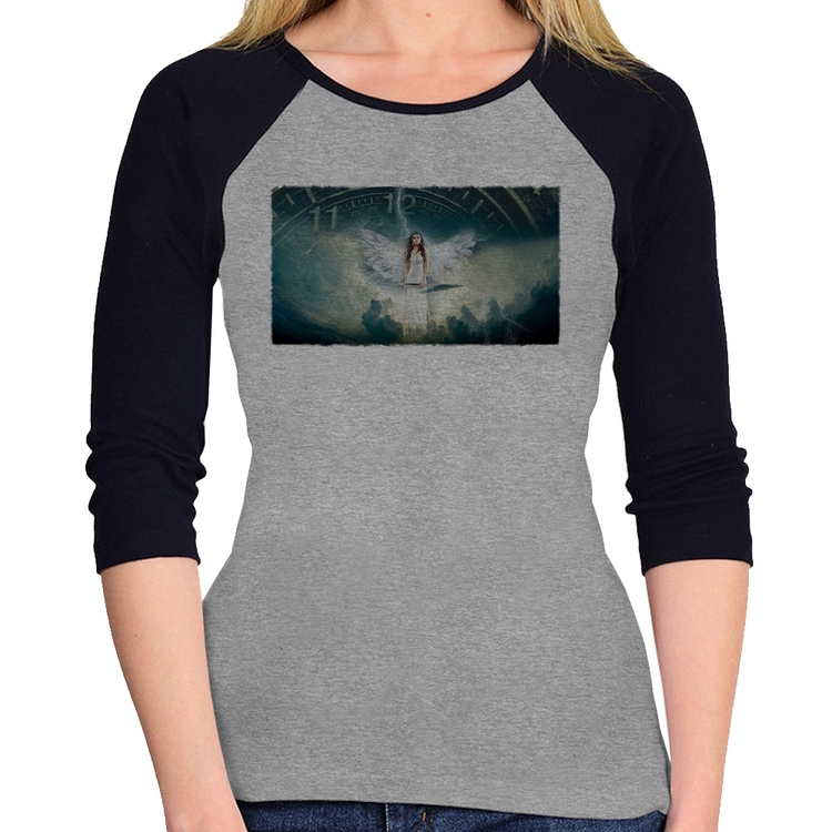 Baby Look Raglan Anjo do tempo Manga 3/4 - Cinza/Preto