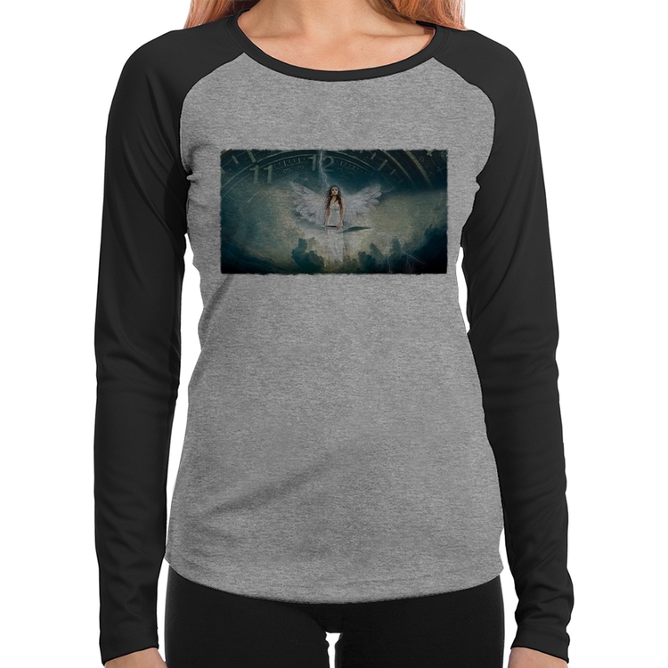 Baby Look Raglan Anjo do tempo Manga Longa - Cinza/Preto