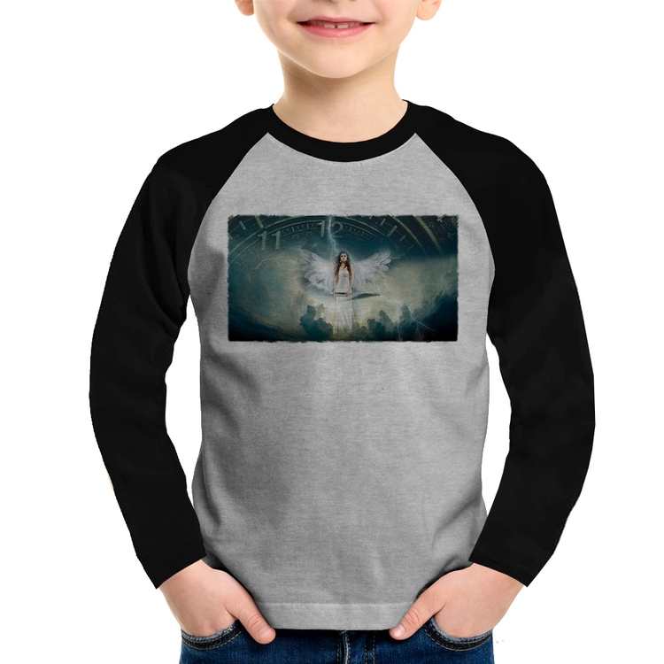 Camiseta Raglan Infantil Anjo do tempo Manga Longa - Cinza/Preto