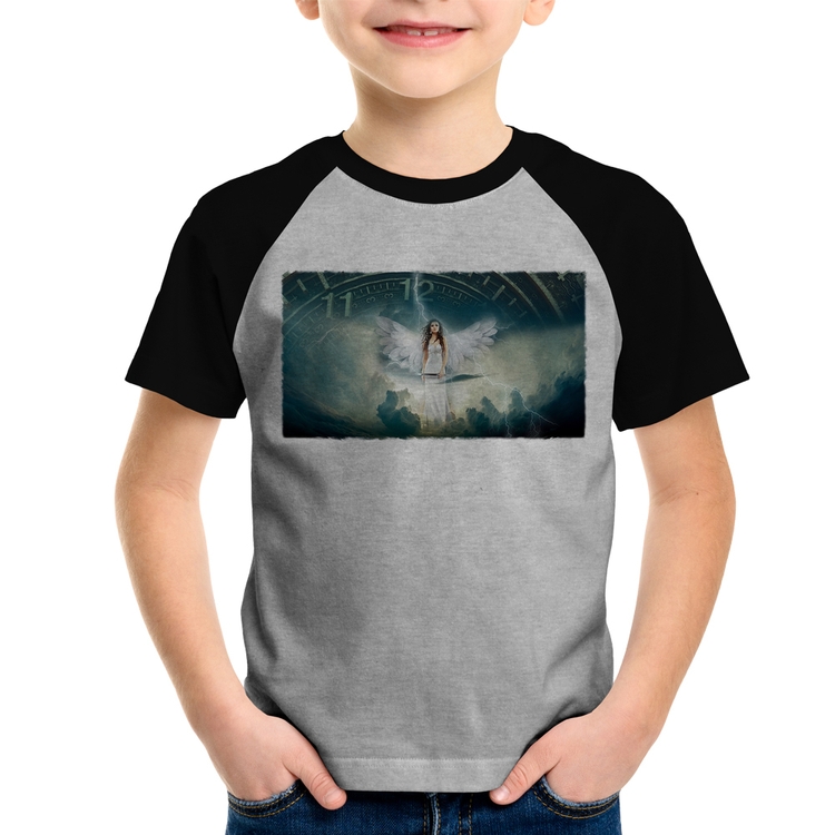 Camiseta Raglan Infantil Anjo do tempo - Cinza/Preto