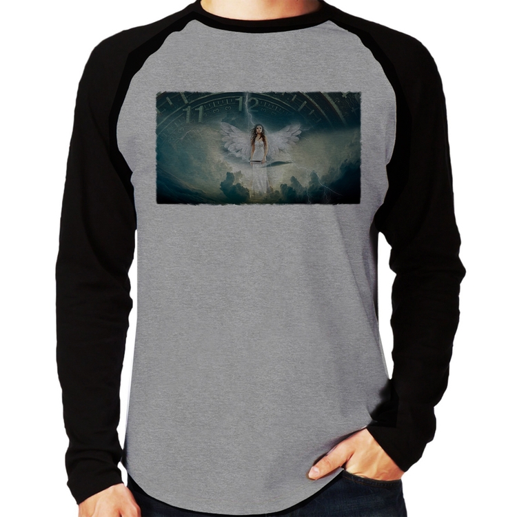 Camiseta Raglan Anjo do tempo Manga Longa - Cinza/Preto
