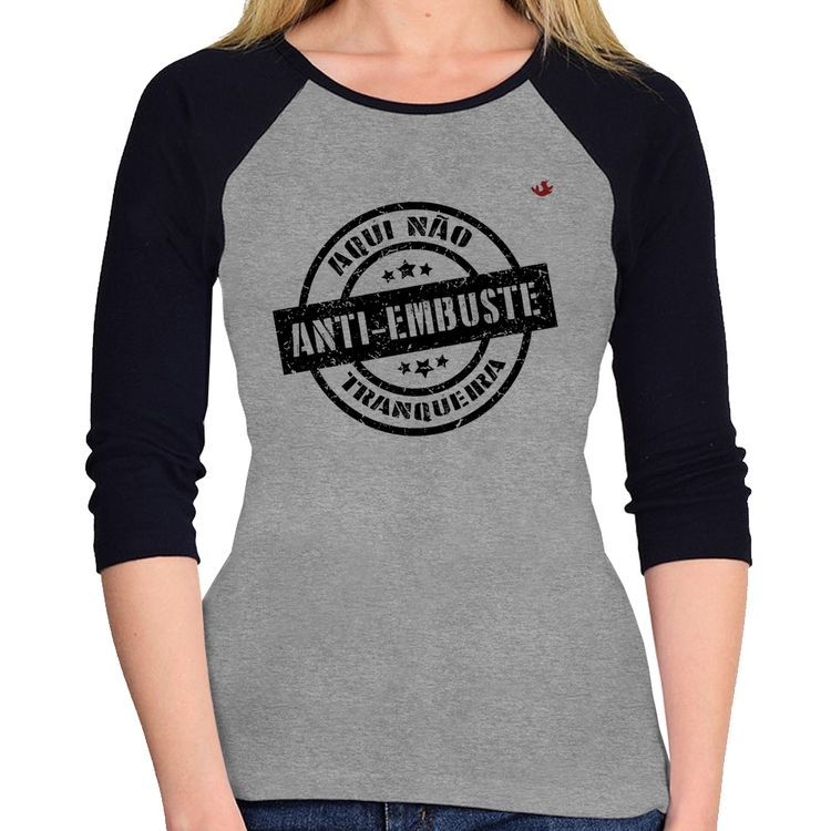 Baby Look Raglan Anti-Embuste Manga 3/4 - Cinza/Preto