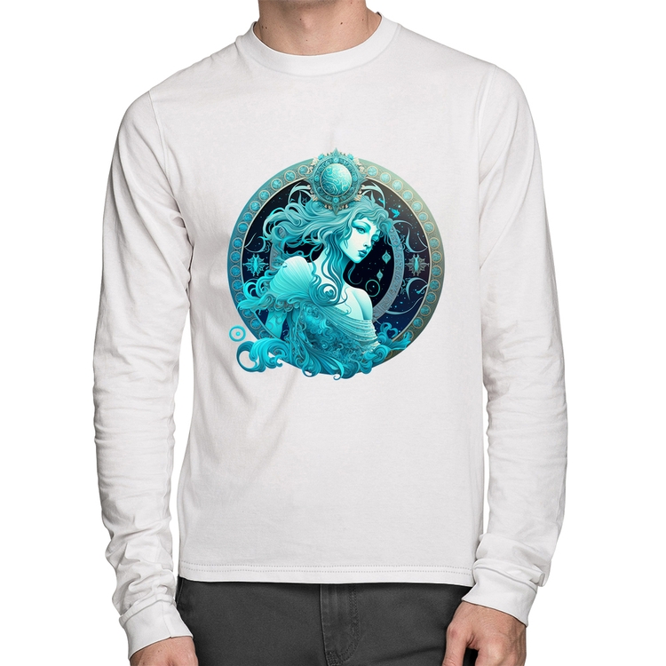 Camiseta Algodão Aquário Sígno Manga Longa - Branca