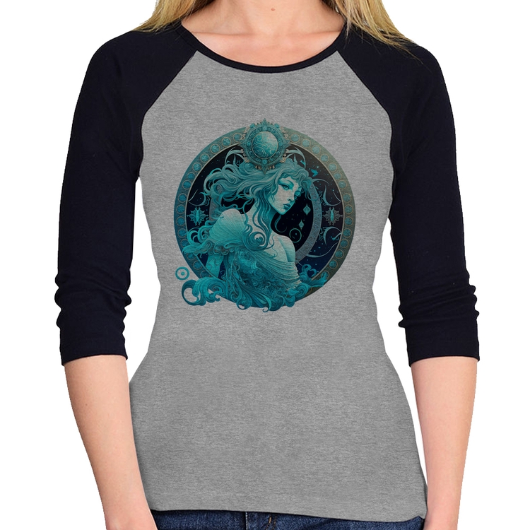 Baby Look Raglan Aquário Sígno Manga 3/4 - Cinza/Preto