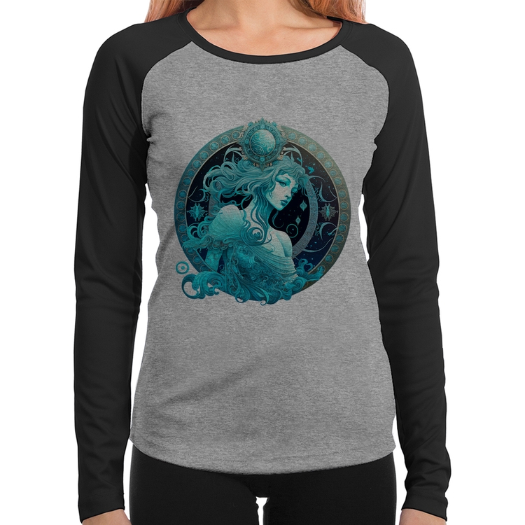 Baby Look Raglan Aquário Sígno Manga Longa - Cinza/Preto