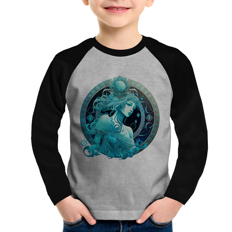 Camiseta Raglan Infantil Aquário Sígno Manga Longa - Cinza/Preto