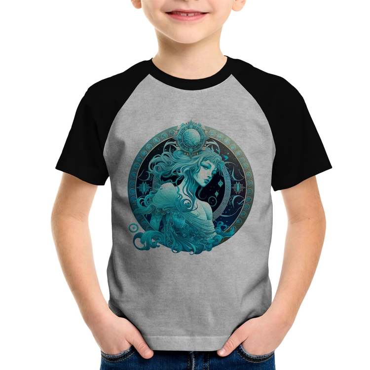 Camiseta Raglan Infantil Aquário Sígno - Cinza/Preto