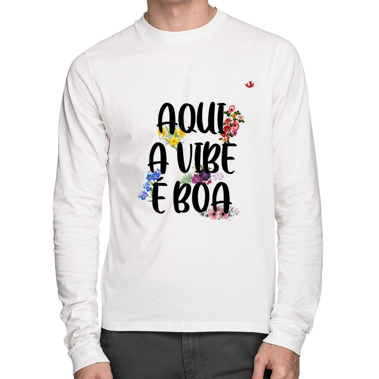 Camiseta Algodão Aqui a vibe é boa Manga Longa - Branca
