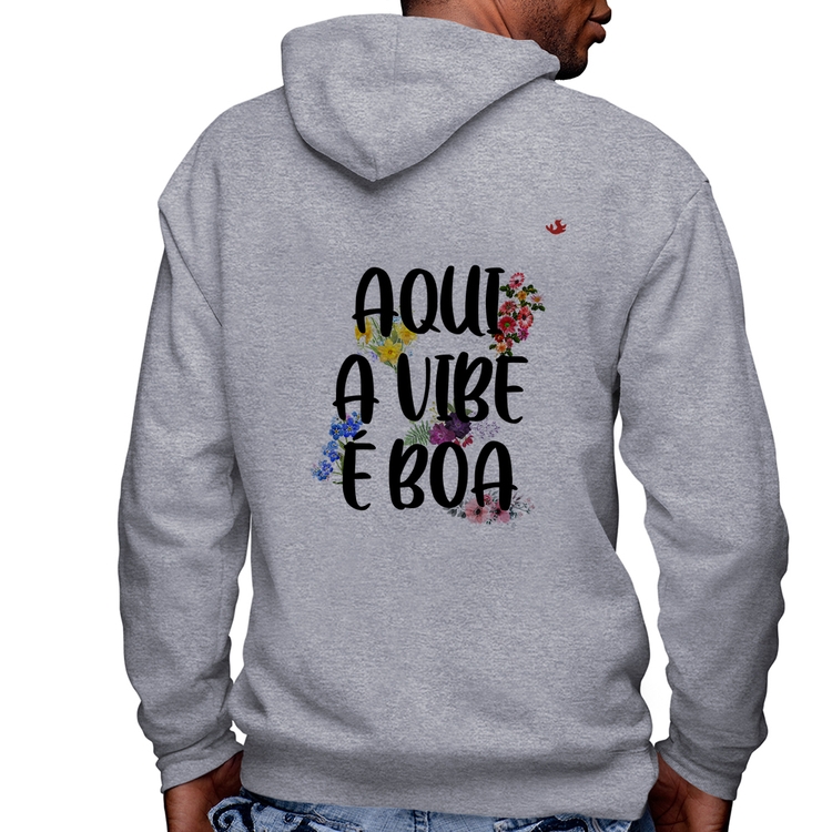 Blusa Moletom Aqui a vibe é boa Masculina com Capuz e Zíper - Mescla