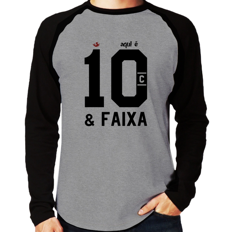 Camiseta Raglan Aqui é 10 e Faixa Manga Longa - Cinza/Preto