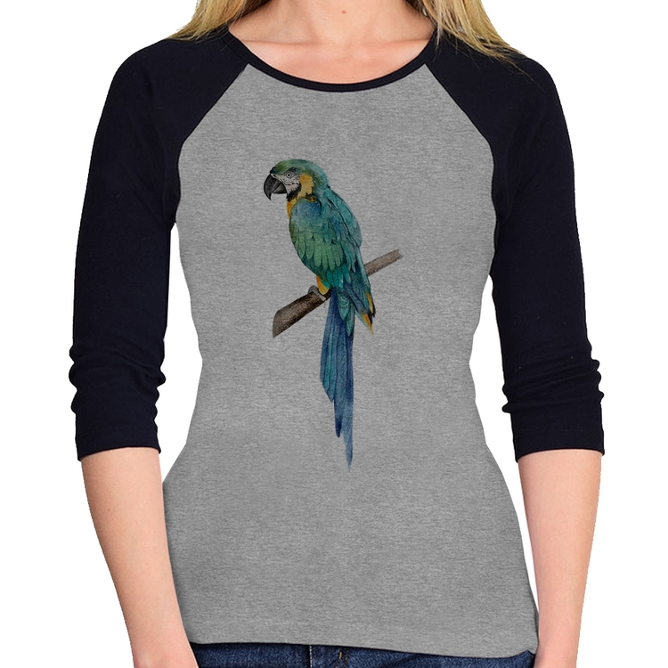 Baby Look Raglan Arara Azul Manga 3/4 - Cinza/Preto