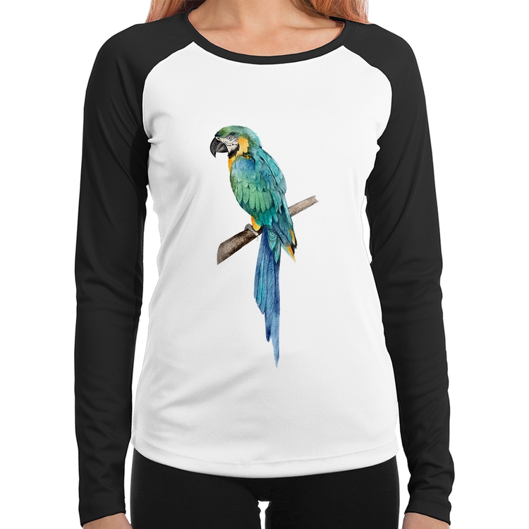 Baby Look Raglan Arara Azul Manga Longa