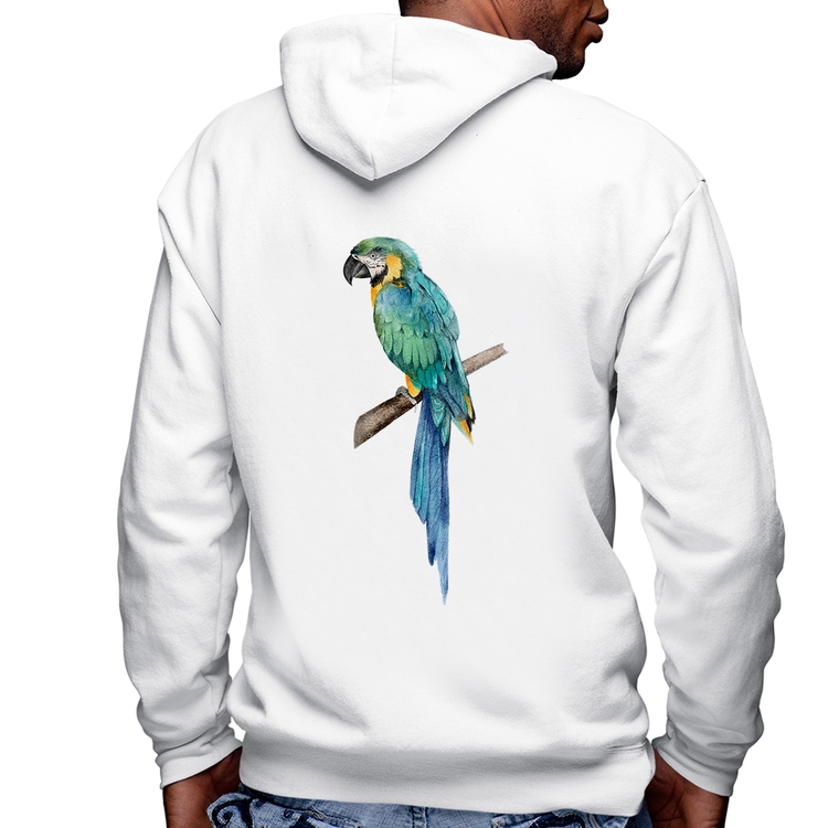 Blusa Moletom Arara Azul Masculina com Capuz e Zíper - Branca