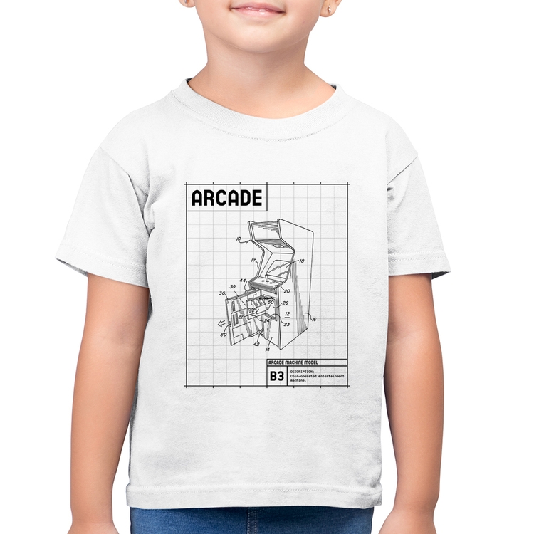 Camiseta Algodão Infantil Arcade Fliperama Projeto - Branca