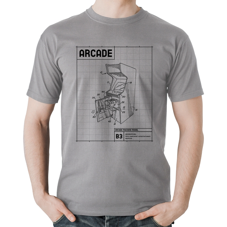 Camiseta Algodão Arcade Fliperama Projeto - Cinza