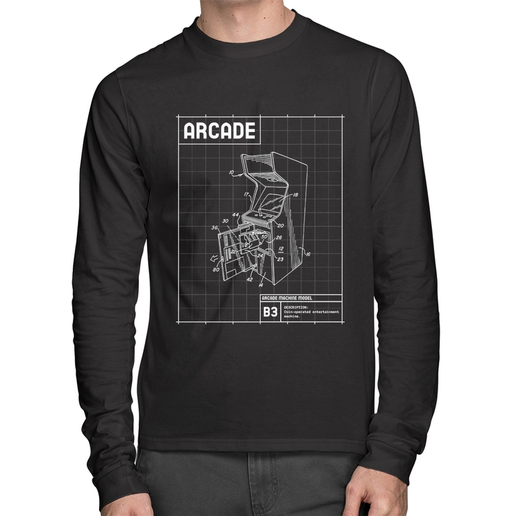 Camiseta Algodão Arcade Fliperama Projeto Manga Longa