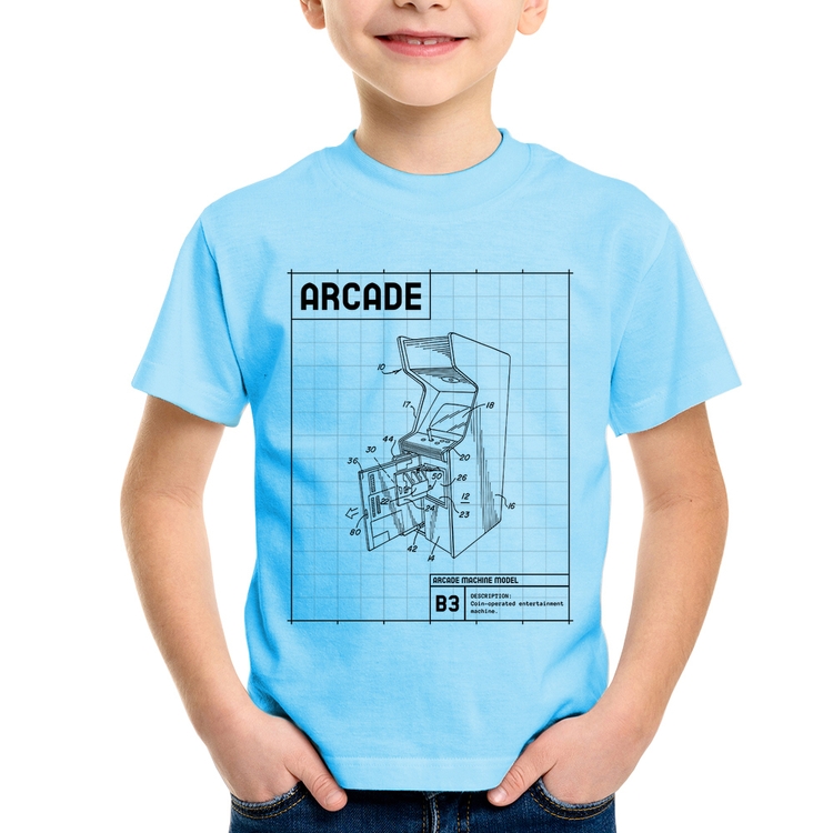 Camiseta Infantil Arcade Fliperama Projeto - Azul Bebê