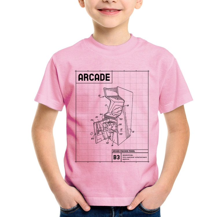 Camiseta Infantil Arcade Fliperama Projeto - Rosa Bebê