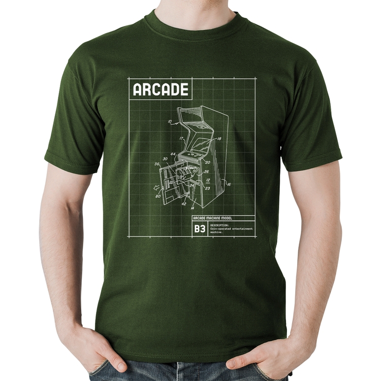 Camiseta Algodão Arcade Fliperama Projeto - Musgo