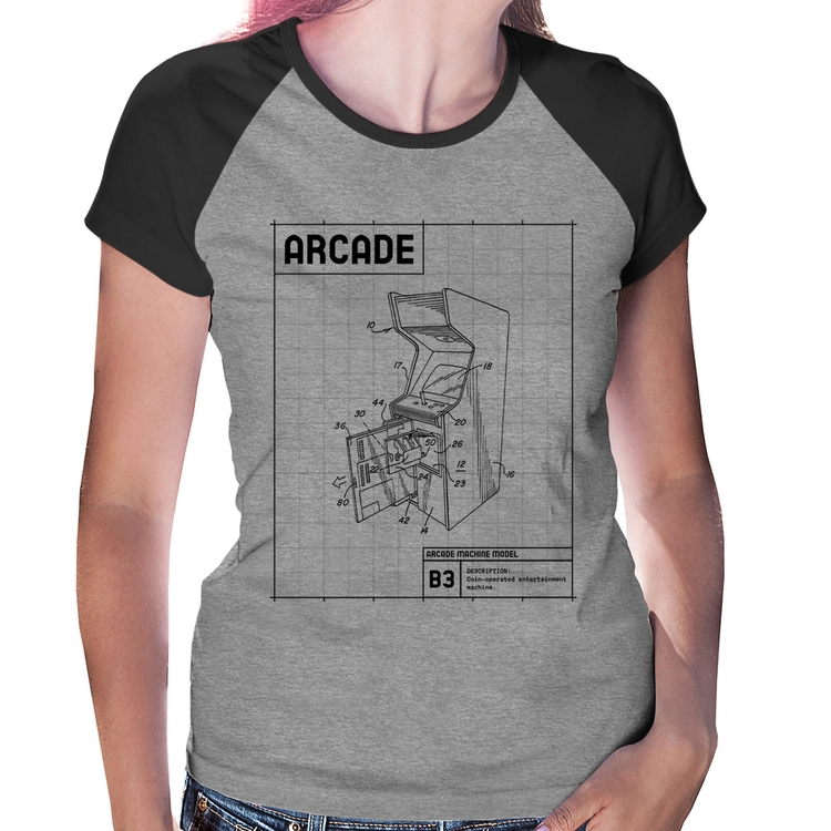 Baby Look Raglan Arcade Fliperama Projeto - Cinza/Preto